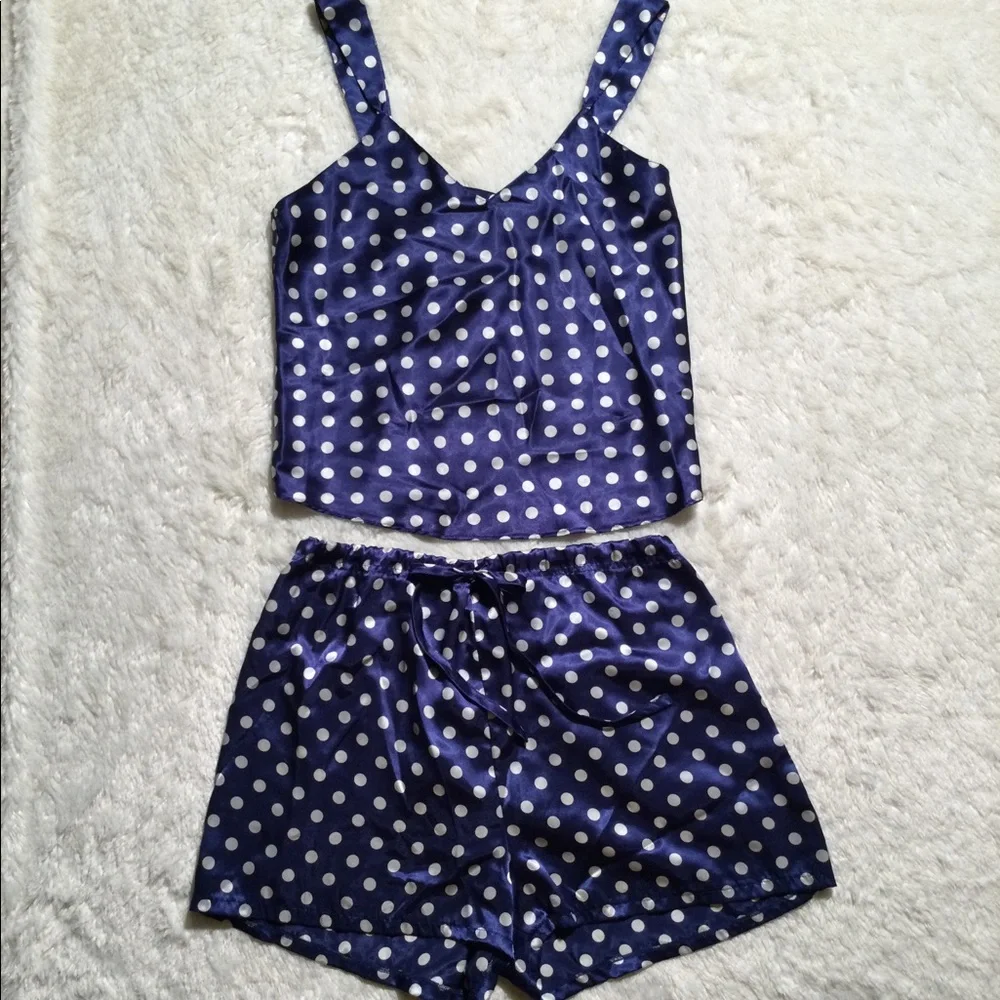 🌀2XHP!🌀VINTAGE | Satin Blue Silver Polka Dot PJs - Picture 4 of 12